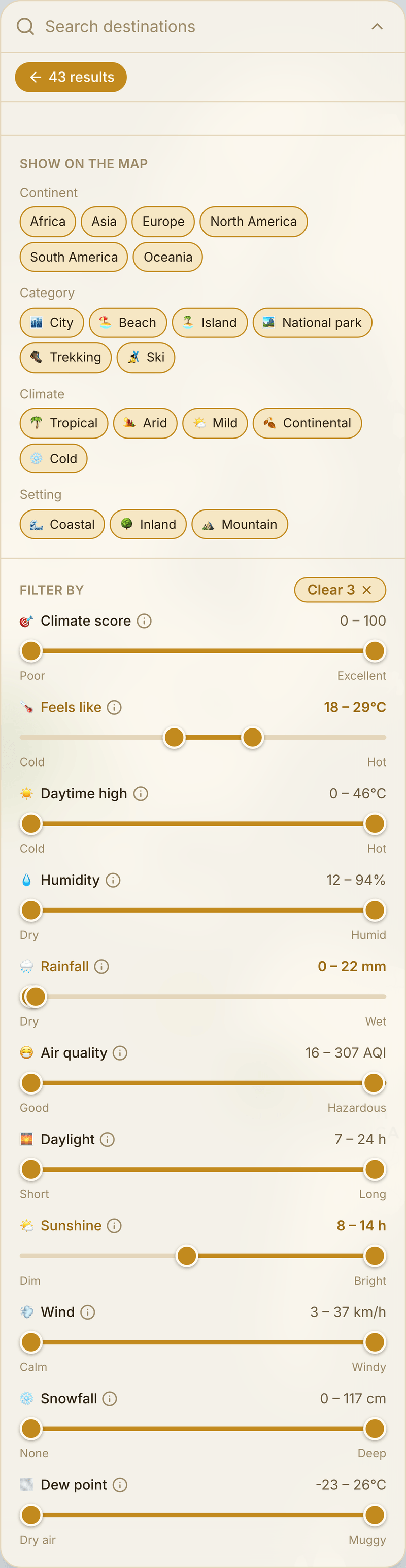 SeasonMap filters — sliders for every climate metric from heat to air quality to daylight