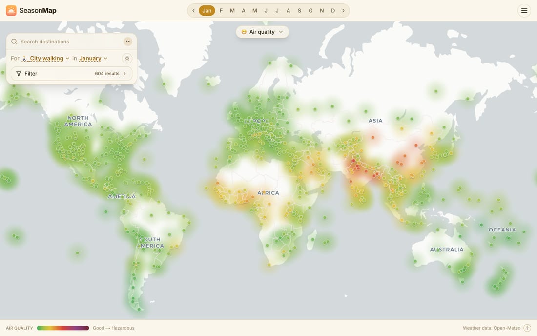 SeasonMap world map colored by 😷 Air quality in January