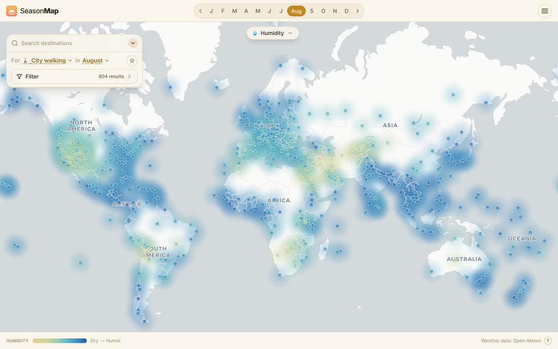 SeasonMap world map colored by 💧 Humidity in August