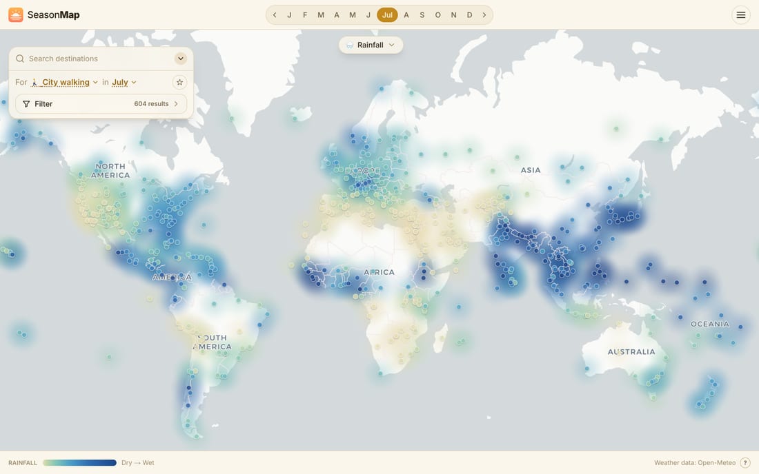 SeasonMap world map colored by 🌧️ Rainfall in July