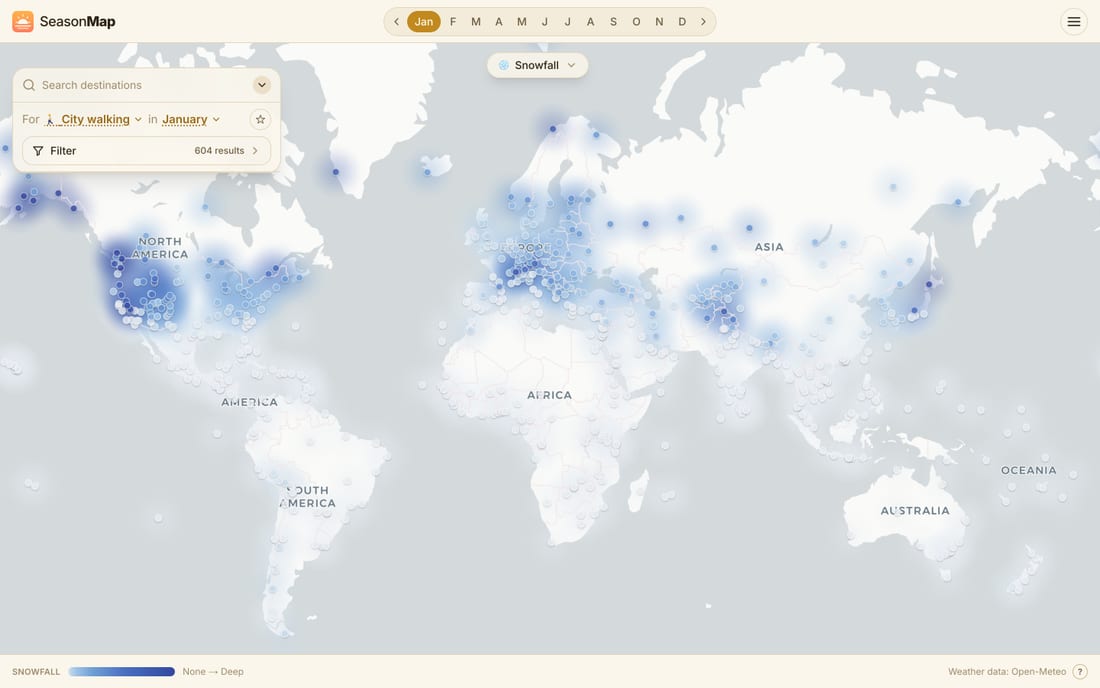 SeasonMap world map colored by ❄️ Snowfall in January