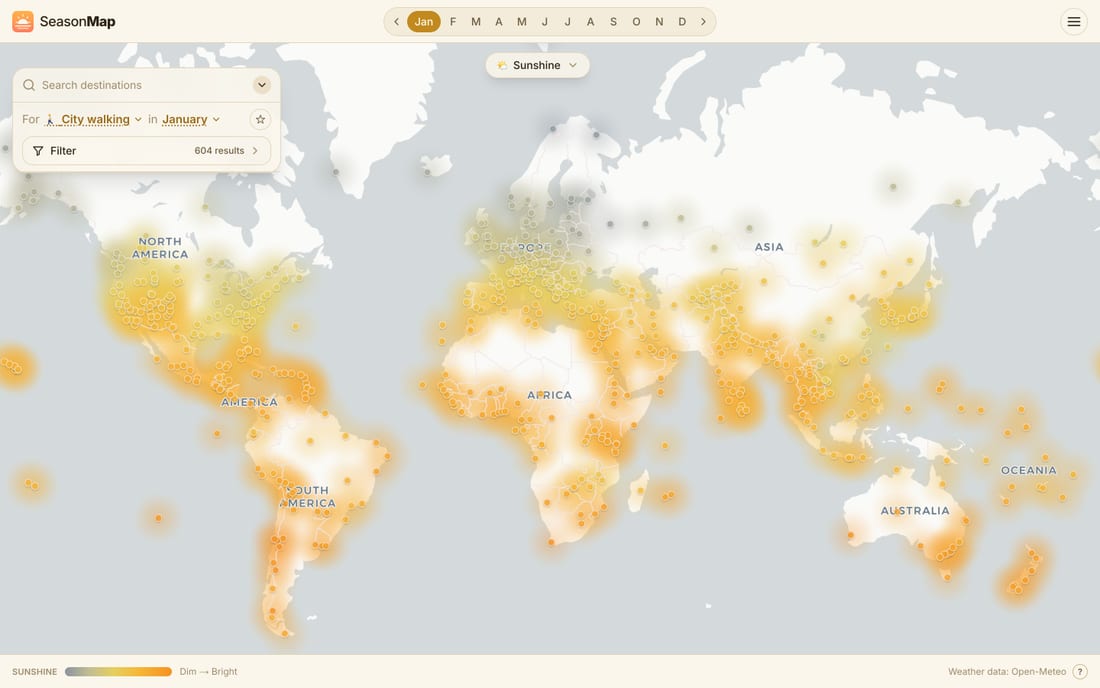 SeasonMap world map colored by 🌤️ Sunshine in January
