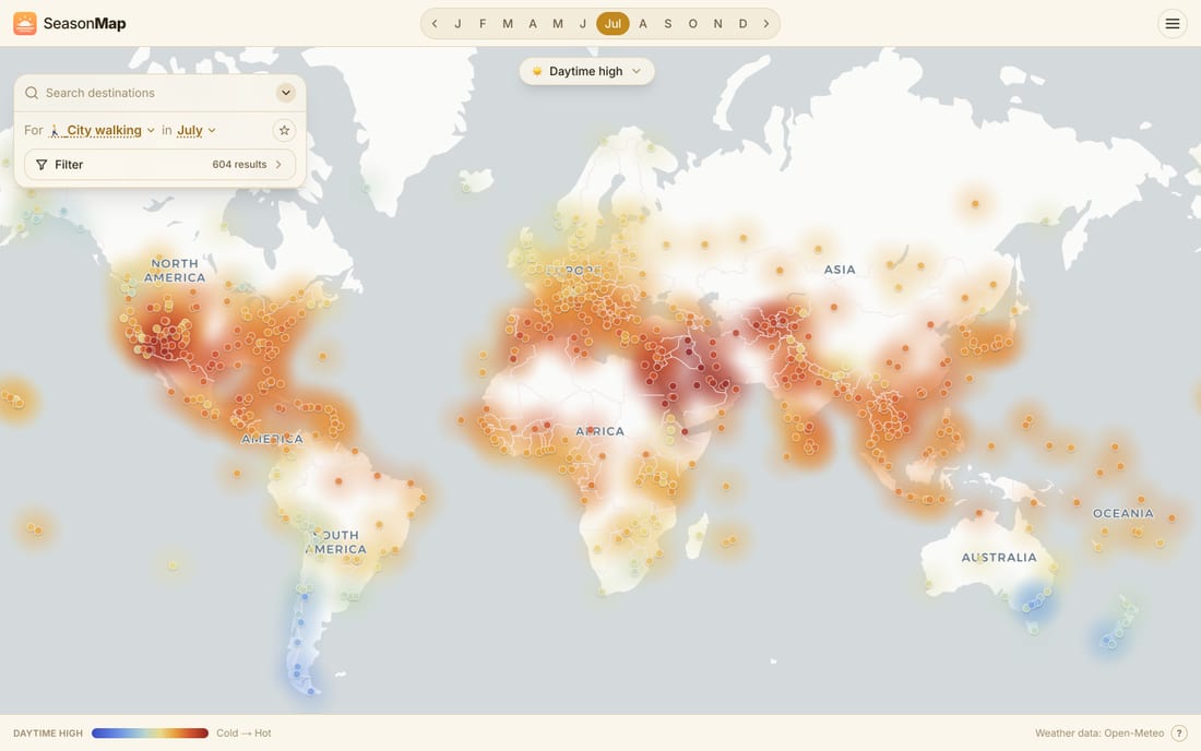 SeasonMap world map colored by 🌡️ Daytime heat in July