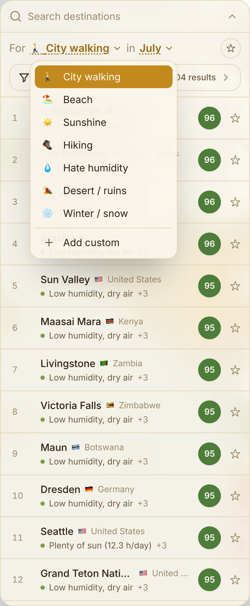 SeasonMap travel styles — beach, city walking, hiking, sunshine, winter/snow, desert