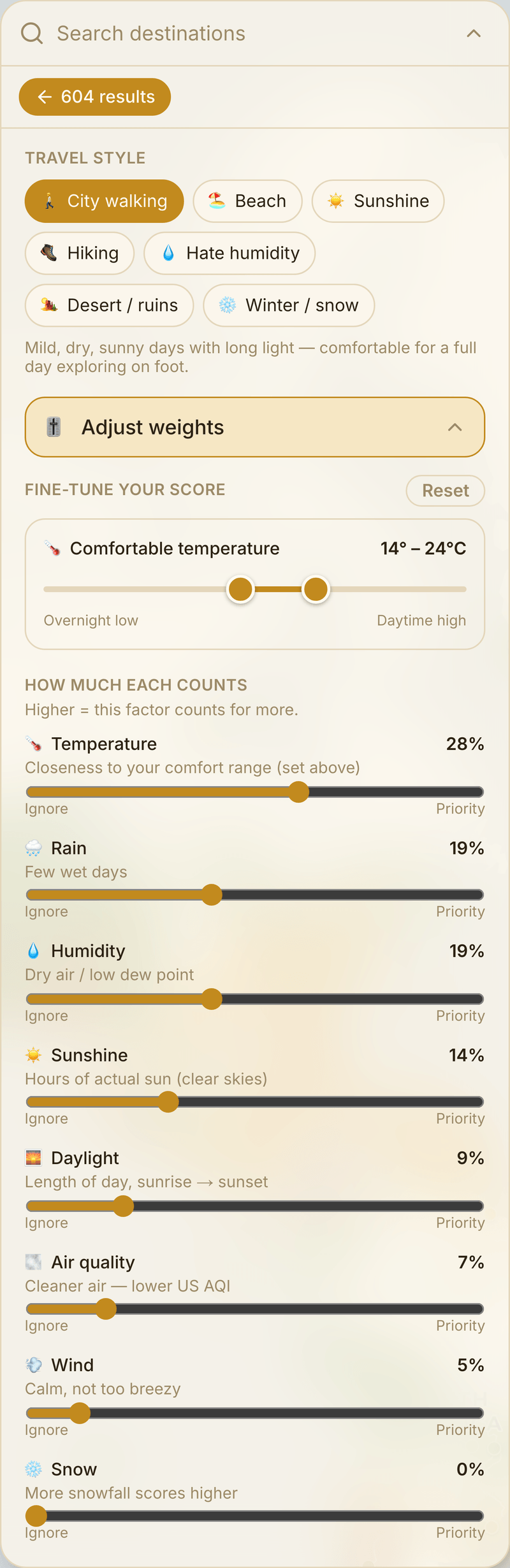 SeasonMap weight tuning — comfort range and sliders for how much each factor counts